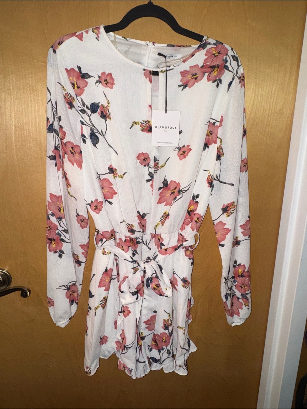 Glamorous White Long-Sleeve Floral Tie-Waist Romper
